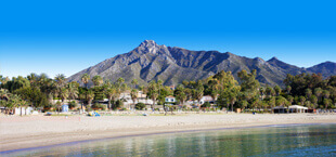 Strand met bos voor de bergen aan de Costa del Sol