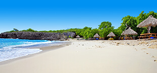 Zandstrand met zee en palmbomen op Curacao