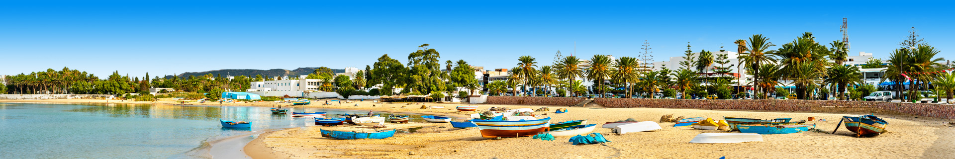 Prachtig zandstrand met bootjes en groene bomen 